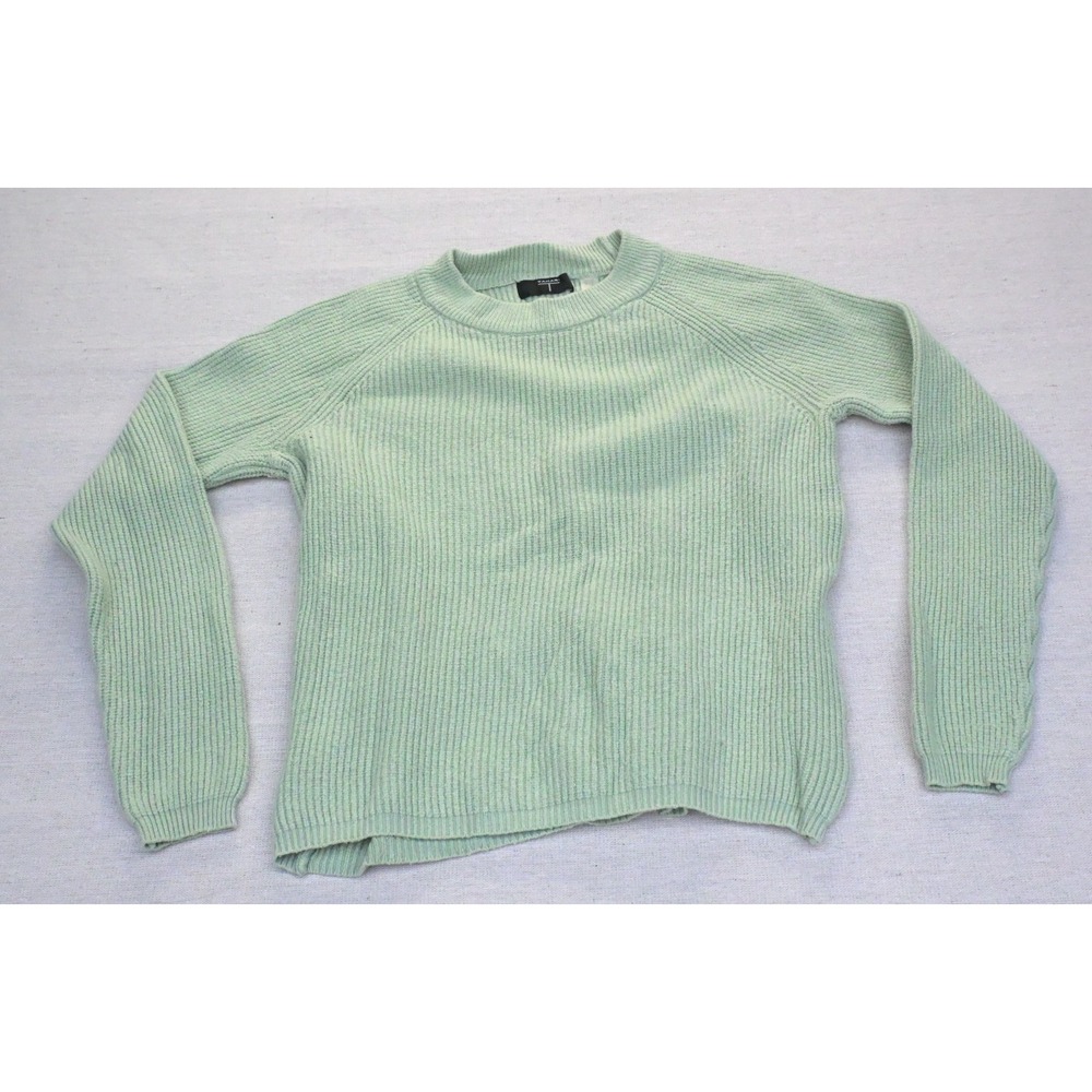 Tahari Womens M Cropped Mock Neck Sweater Mint Green Chunky Rib Raglan Sleeve